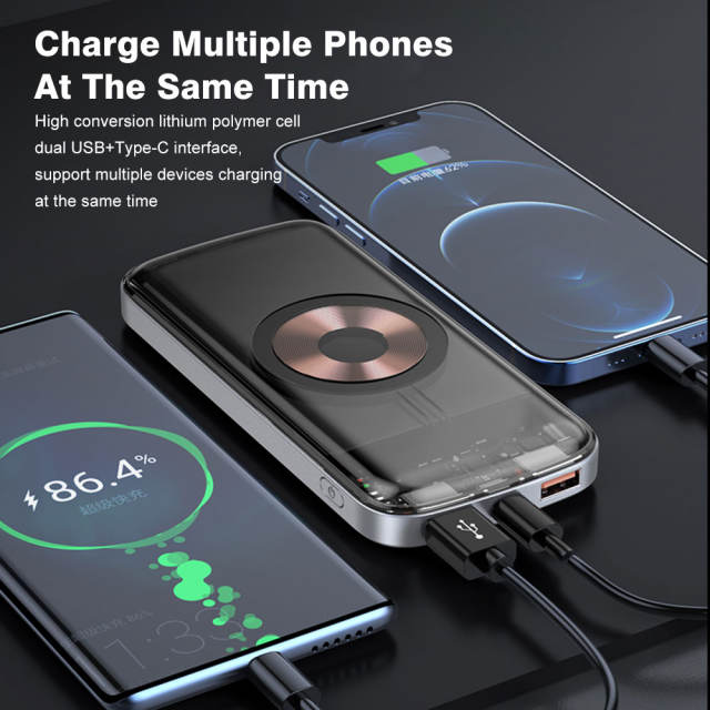 Power Bank Wireless Charging 22.5W 10000mAh Transparent External Battery Pack Mobile Phone Auxiliary Battery For iPhone Xiaomi Samsung