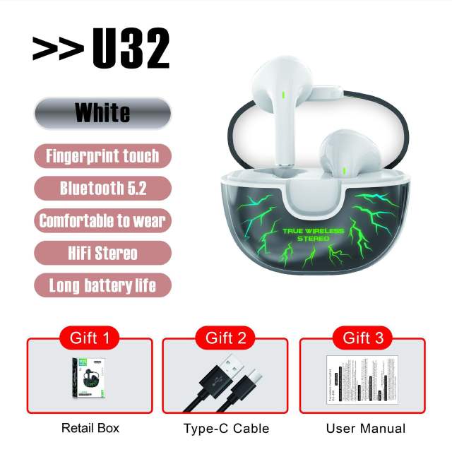 U32 TWS Earbuds Noise Cancelling Wireless In-ear Headphones with Mic Transparent Bluetooth 5.1 Music Sports Stereo Earphones