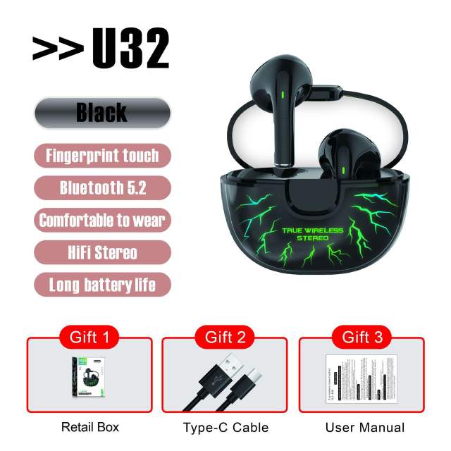 U32 TWS Earbuds Noise Cancelling Wireless In-ear Headphones with Mic Transparent Bluetooth 5.1 Music Sports Stereo Earphones