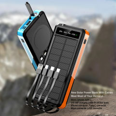 10000mAh Solar Power Bank with 4 Cables Flashlight Outdoor Travel Portable Wireless Charger External Battery for iPhone Xiaomi