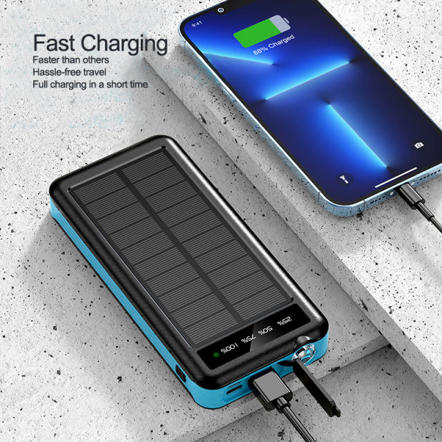 10000mAh Solar Power Bank with 4 Cables Flashlight Outdoor Travel Portable Wireless Charger External Battery for iPhone Xiaomi