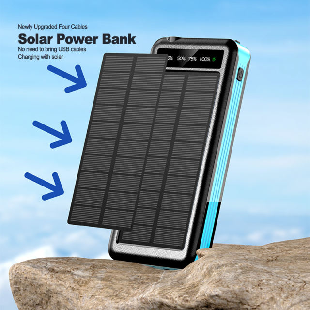 10000mAh Solar Power Bank with 4 Cables Flashlight Outdoor Travel Portable Wireless Charger External Battery for iPhone Xiaomi