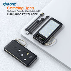 Fast Charging Embedded 4 Cables Portable Charger Power Bank 10000mAh with LED Camping Lantern Rechargeable PowerBank