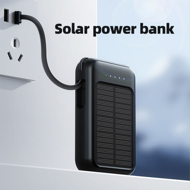 Portable Solar Power Bank 10000mAh,Ultra Slim Mini Solar Charger Fast Charging with Built in Cables