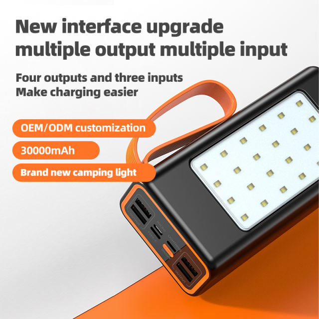 Fast Charging Cell Phone Power Banks Outdoor Hight Capacity 30000Mah Powerbank With Camping Led Light