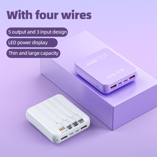 20000mAh Mini Power Bank Built in 4 Cables Portable Charger Mirror Screen LED Display