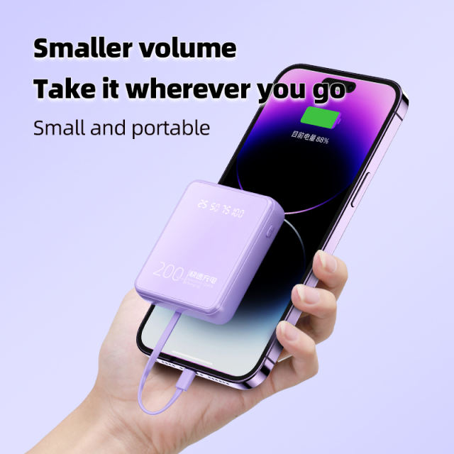 20000mAh Mini Power Bank Built in 4 Cables Portable Charger Mirror Screen LED Display