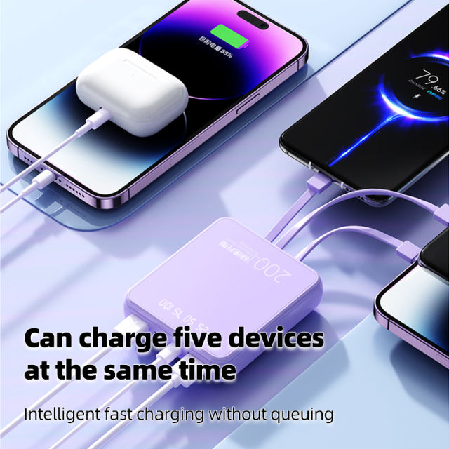 20000mAh Mini Power Bank Built in 4 Cables Portable Charger Mirror Screen LED Display