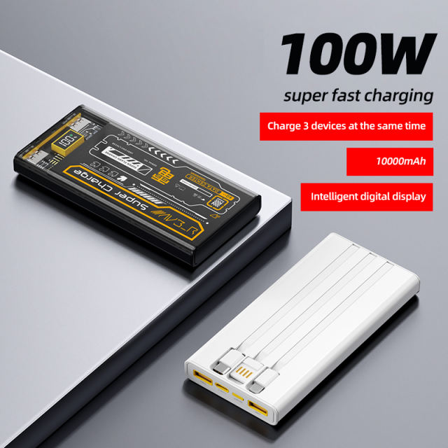 Fast Charging Transparent Cyber Punk 10000 mAh Power Bank with cables