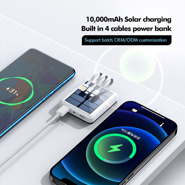 10,000mAh Solar charging Built in 4 cables mini power bank RC-P158
