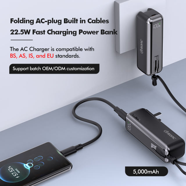 Folding AC-plug built in cables 22.5W Super Fast Charging 5,000mAh Power Bank RC-PD59