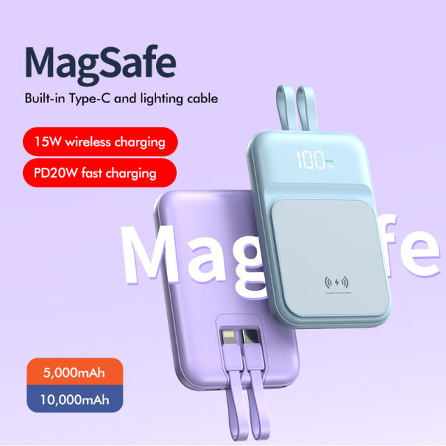 15W Magnetic Wireless Charging+22.5W super fast charging Built-in 2 Cables Mini power bank RC-WP028