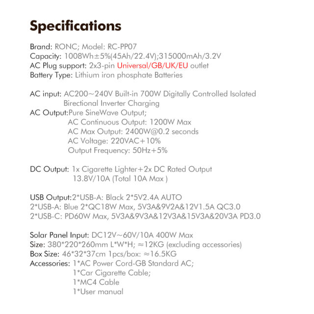 AC 1200W OUTPUT Outdoor Portable Power Station 315000mAh /3.2V Start Car Charging+Solar Panel Charging RC-PP07