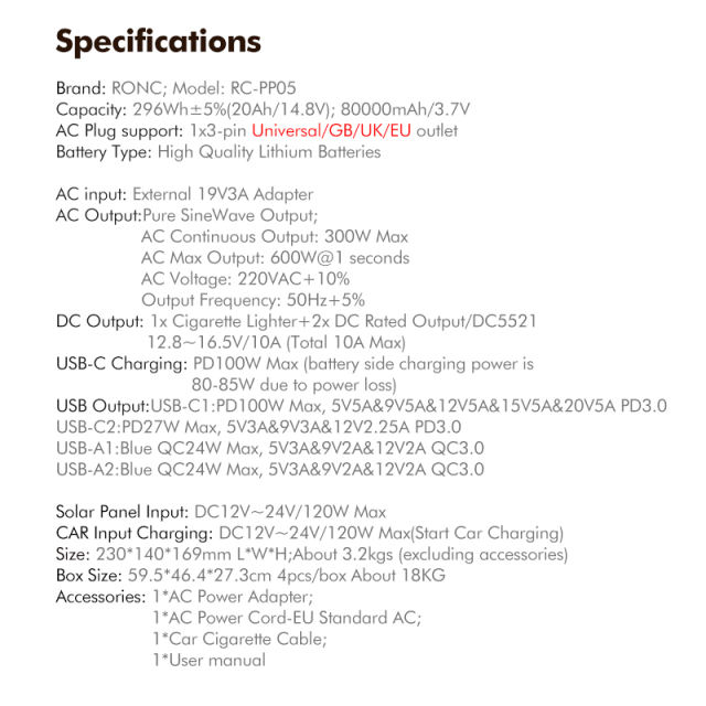 300W Outdoor Portable Power Station 80,000mAh /3.7V Start Car Charging+Solar Panel Input RC-PP05