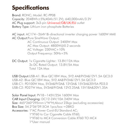 AC 2400W OUTPUT Outdoor Portable Power Station 640000mAh /3.2V Start Car Charging+Solar Panel Charging RC-PP08