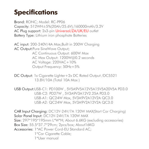 AC 600W output Outdoor Portable Power Station 160,000mAh /3.2V Start Car Charging+Solar Panel Input RC-PP06
