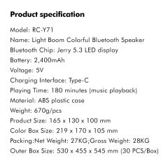 Light Boom Colorful Bluetooth Speaker with 10W Wireless Charging and RGB Lights RC-Y71