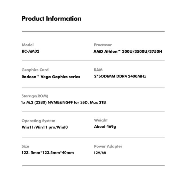 RC-AM02 Mini PC with AMD Athlon™ 300U Processor and Radeon™ Vega 3 Graphics，16GB DDR4 Support, 2TB SSD, WiFi 5
