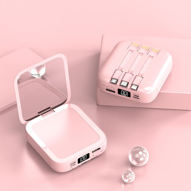 10,000mAh Square Power Bank  with 3 Cables and a Makeup Mirror，Portable Power Bank RC-P132