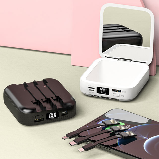 10,000mAh Square Power Bank  with 3 Cables and a Makeup Mirror，Portable Power Bank RC-P132