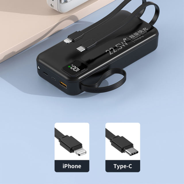 10,000/20,000/30,000mAh Power Bank with 22.5W/PD 20W Super Fast Charging and Built-in Dual Cables RC-PD65