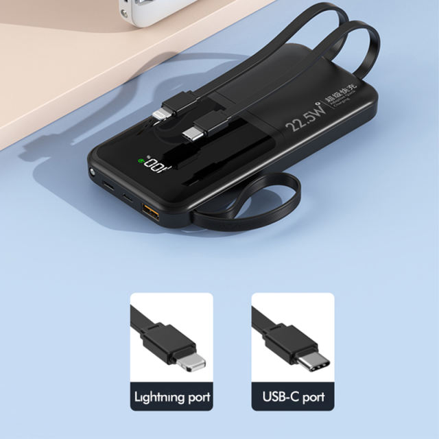 10,000/20,000/30,000mAh Power Bank with 22.5W/PD 20W Super Fast Charging and Built-in Dual Cables RC-PD66