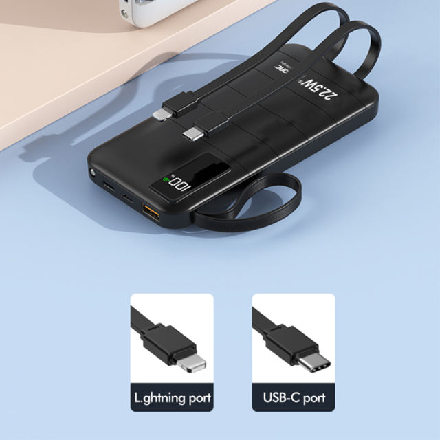 10,000/20,000/30,000mAh Power Bank with 22.5W/PD 20W Super Fast Charging and Built-in Dual Cables RC-PD70