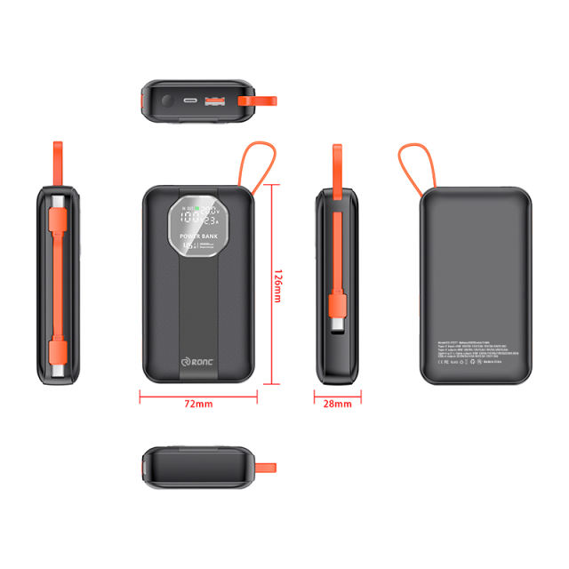 20,000mAh High-Capacity Power Bank  with 45W Super Fast Charging,  Built-in Two Cables，for Fast Laptop Charging RC-PD77