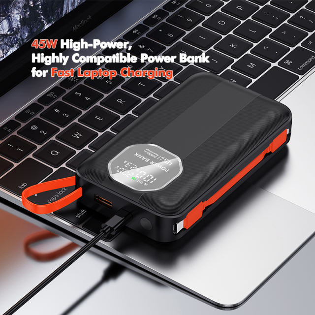 20,000mAh High-Capacity Power Bank  with 45W Super Fast Charging,  Built-in Two Cables，for Fast Laptop Charging RC-PD77