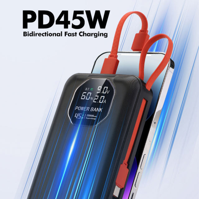 20,000mAh High-Capacity Power Bank  with 45W Super Fast Charging,  Built-in Two Cables，for Fast Laptop Charging RC-PD77