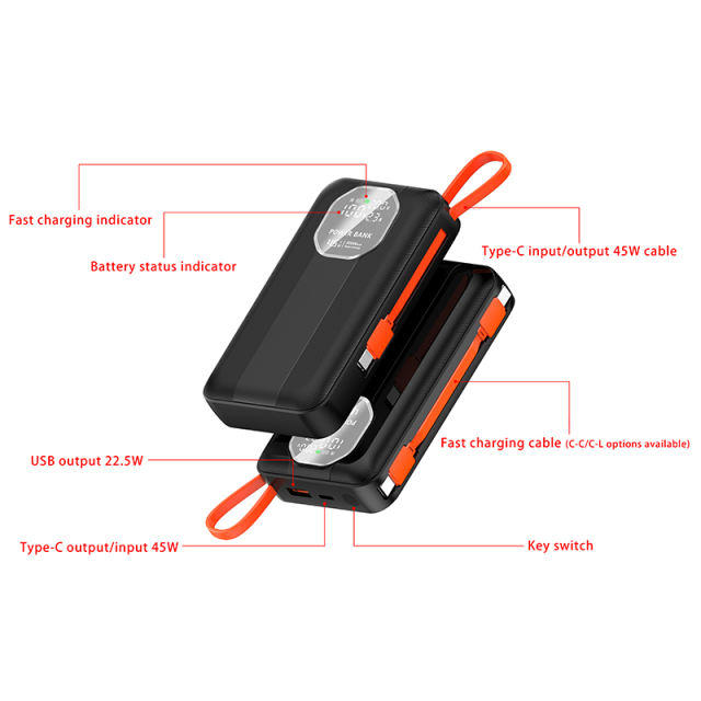 20,000mAh High-Capacity Power Bank  with 45W Super Fast Charging,  Built-in Two Cables，for Fast Laptop Charging RC-PD77
