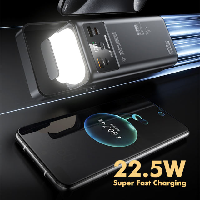 Ultimate 30,000mAh Power Bank with 22.5W Super Fast Charging, Outdoor Camping Lamp & Detachable Data Cables RC-PD71