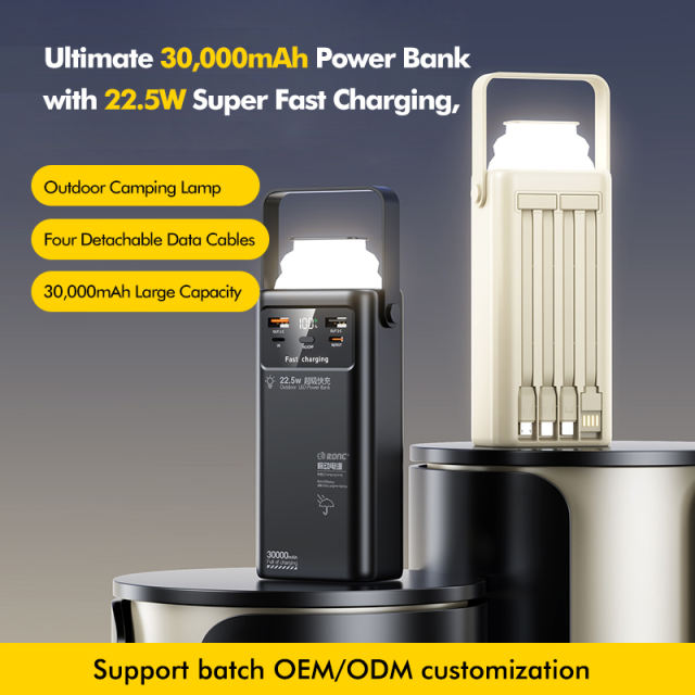 Ultimate 30,000mAh Power Bank with 22.5W Super Fast Charging, Outdoor Camping Lamp & Detachable Data Cables RC-PD71
