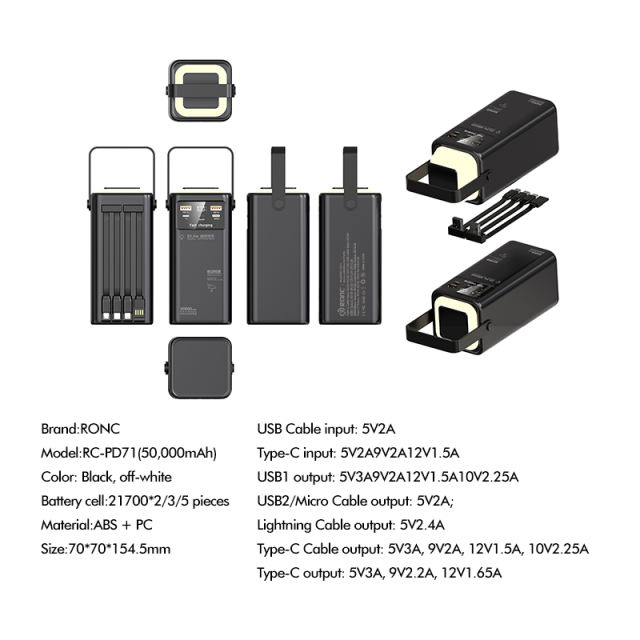 Ultimate 50,000mAh Power Bank with 22.5W Super Fast Charging, Outdoor Camping Lamp & Detachable Data Cables RC-PD71