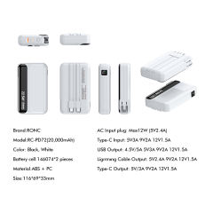 20,000mAh Foldable AC Plug   22.5W Fast Charging Power Bank  with Built-in two Cables，PD20W/22.5W fast charging RC-PD72