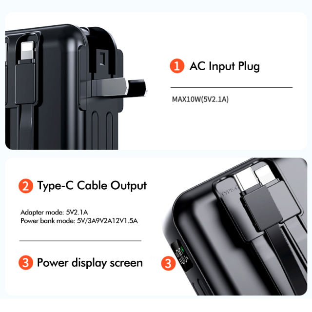20,000mAh Foldable AC Plug   22.5W Fast Charging Power Bank  with Built-in two Cables，PD20W/22.5W fast charging RC-PD72