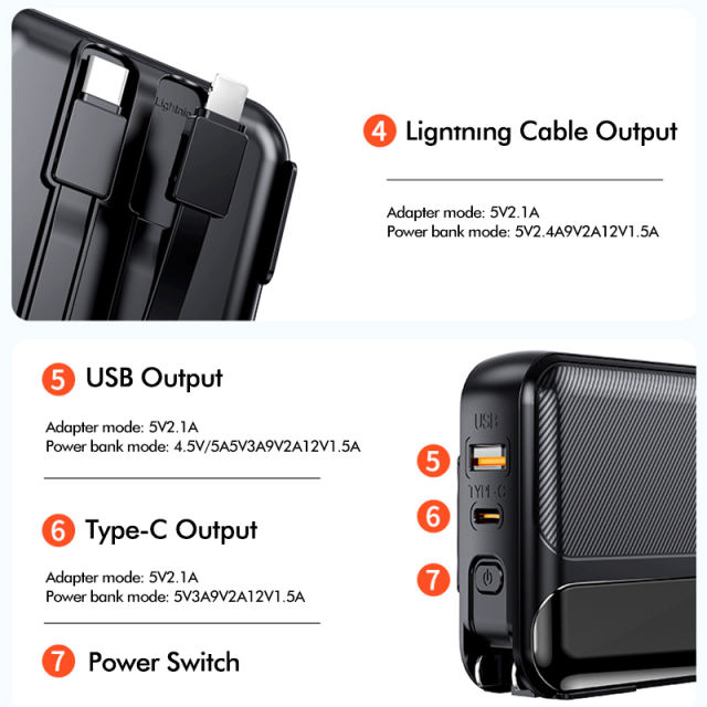 20,000mAh Foldable AC Plug   22.5W Fast Charging Power Bank  with Built-in two Cables，PD20W/22.5W fast charging RC-PD72