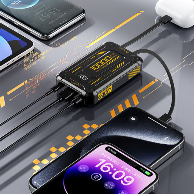 22.5W Super Fast Charging Mecha-Style Power Bank with Built-In 3 Cables (10,000mAh),PD20W Bidirectional Fast Charging RC-PD73