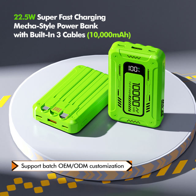 22.5W Super Fast Charging Mecha-Style Power Bank with Built-In 3 Cables (10,000mAh),PD20W Bidirectional Fast Charging RC-PD73