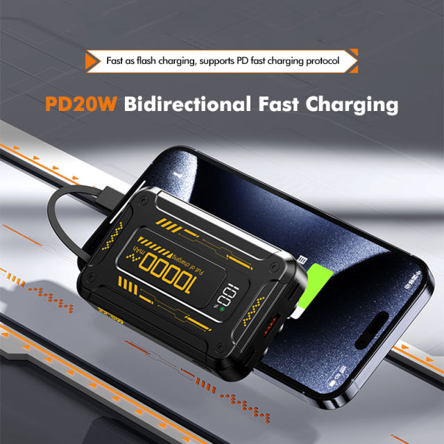 22.5W Super Fast Charging Mecha-Style Power Bank with Built-In 3 Cables (10,000mAh),PD20W Bidirectional Fast Charging RC-PD73