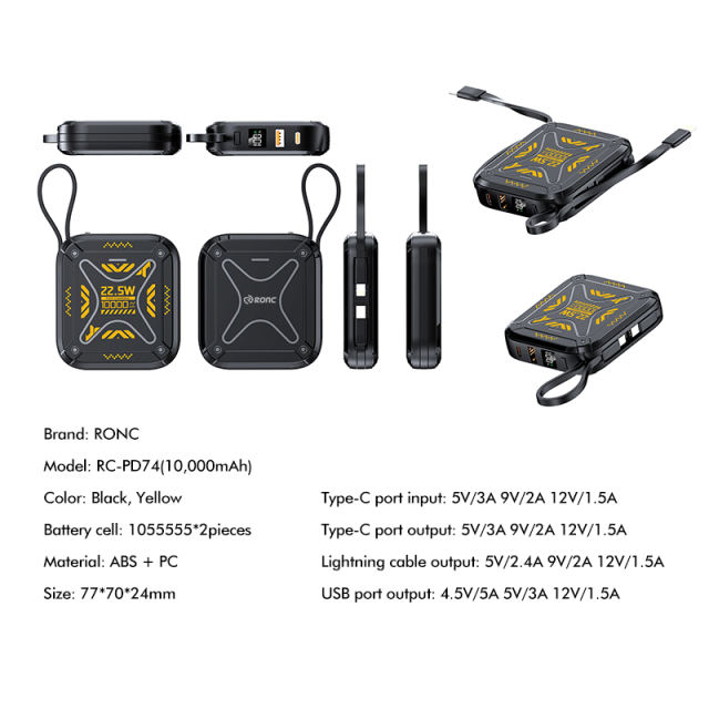 10,000mAh Mech-Style Power Bank with Dual Cables and  22.5W Super Fast Charging，PD20W Fast Charging RC-PD74