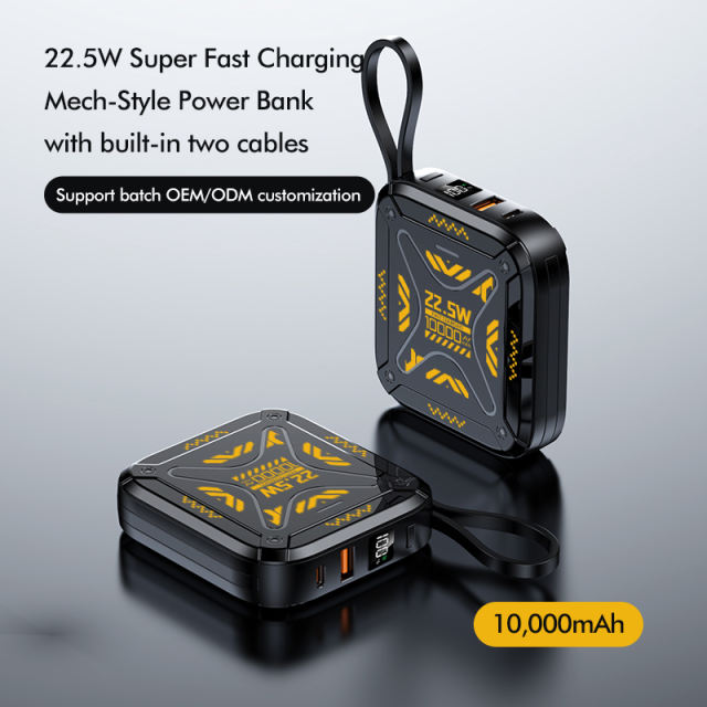 10,000mAh Mech-Style Power Bank with Dual Cables and  22.5W Super Fast Charging，PD20W Fast Charging RC-PD74