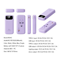 20,000mAh Power Bank  with Built-in 4 Cables，22.5W Super Fast Charging and PD20W Fast Charging