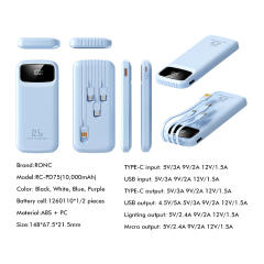 10,000mAh Power Bank  with Built-in 4 Cables，22.5W Super Fast Charging and PD20W Fast Charging RC-PD75