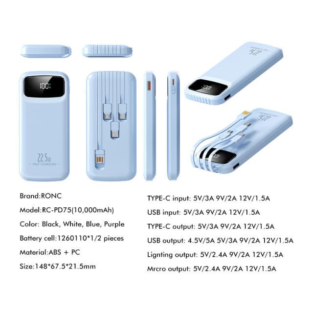 10,000mAh Power Bank  with Built-in 4 Cables，22.5W Super Fast Charging and PD20W Fast Charging RC-PD75