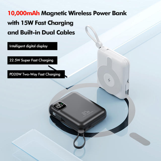 10,000mAh Magnetic Wireless Power Bank with 15W Fast Charging and Built-in Dual Cables，22.5W/PD20W Fast Charging，RC-WP031