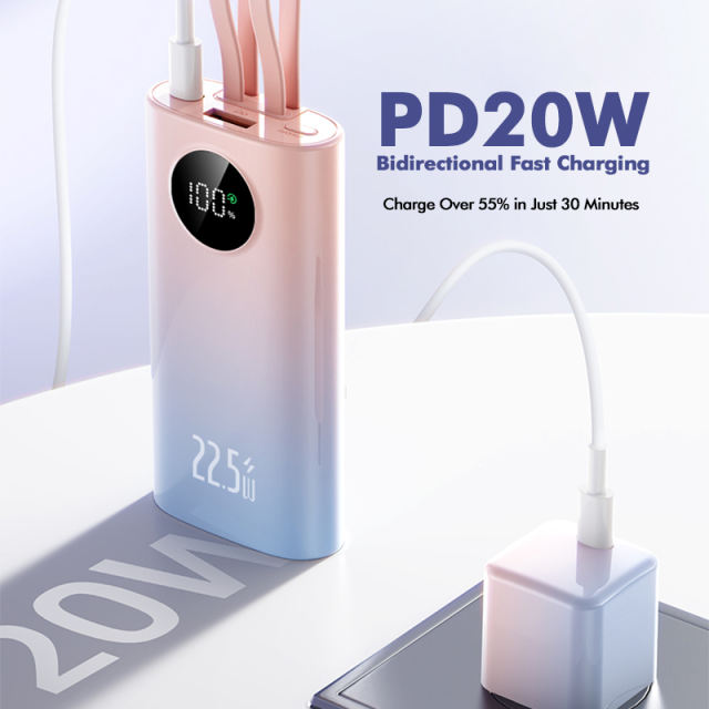 22.5W Super Fast Charging ,10,000mAh Power Bank with Built-in 2 Cables，PD20W Fast Charging，Customized Power Bank， RC-PD79