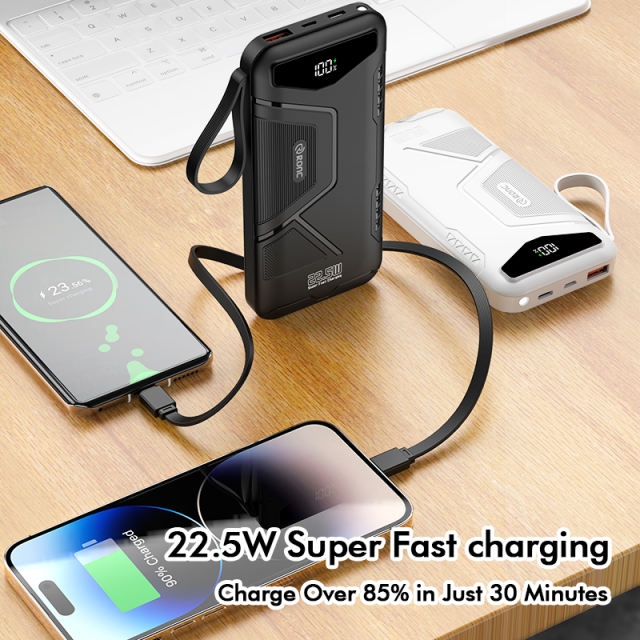 10,000/20,000/30,000mAh Exclusive Patent Power Bank with 22.5W/PD20W Super Fast Charging and Built-in 2 Cables，Customized Power Bank， RC-PD80