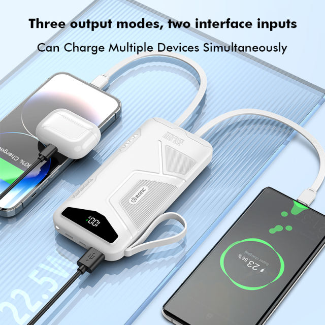 10,000/20,000/30,000mAh Exclusive Patent Power Bank with 22.5W/PD20W Super Fast Charging and Built-in 2 Cables，Customized Power Bank， RC-PD80