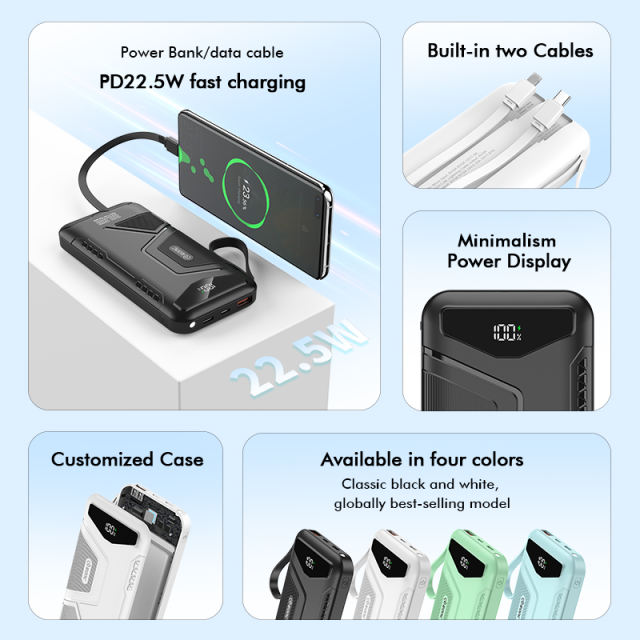 10,000/20,000/30,000mAh Exclusive Patent Power Bank with 22.5W/PD20W Super Fast Charging and Built-in 2 Cables，Customized Power Bank， RC-PD80